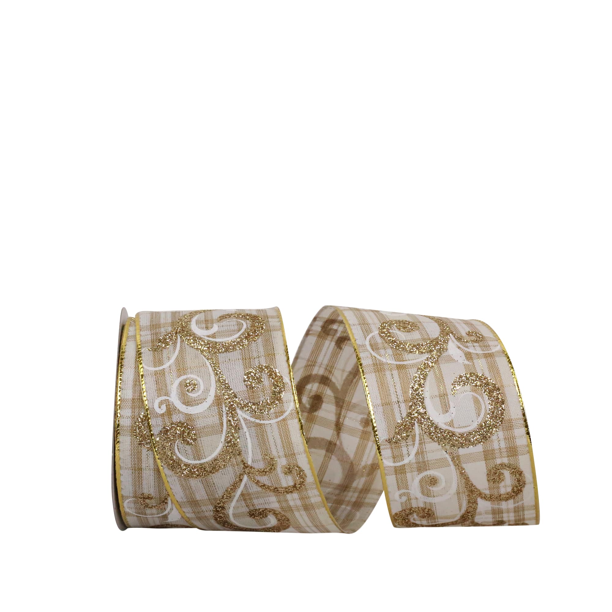 JAM Paper 2.5" x 10yd. Natural Plaid & Gold Scroll Wired Glitter Ribbon